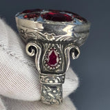 Sterling Silver Ruby Ring: Ornate Baroque Design, Artisan Gemstone Jewelry, Royal Style Mens Jewelry