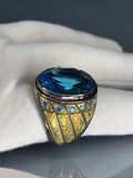 Aquamarine Sterling Silver Men's Ring: Engraved Bronze, Royal Jewelry