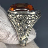 Sterling Silver Amber Ring: Ottoman Engraved Design, Vintage Statement Jewelry
