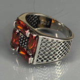 Sterling Silver Garnet Men's Ring, Art Deco Geometric Jewelry