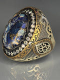 Sterling Silver Blue Turquoise Men's Ring: Moissanite Accents, Ottoman Design