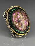 Sterling Silver Amethyst Emerald Ring: Ornate Bronze Accent Band