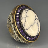 Sterling Silver White Turquoise Amethyst Ring: Greek Key Bronze Accent