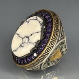 Sterling Silver White Turquoise Amethyst Ring: Greek Key Bronze Accent