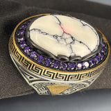 Sterling Silver White Turquoise Amethyst Ring: Greek Key Bronze Accent