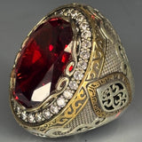 Sterling Silver Faceted Ruby Ring: Two-Tone Baroque Ornate Design Bishop Style Clergy Ring