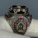 Sterling Silver Ruby Islamic Dome Men's Ring, Two-Tone Architectural Statement Jewelry