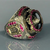 Sterling Silver Ruby Islamic Dome Men's Ring, Two-Tone Architectural Statement Jewelry
