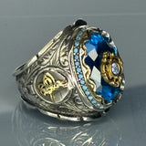 Aquamarine Sterling Silver Men’s Ring, Ottoman Tughra, Two-Tone Anatolian Design