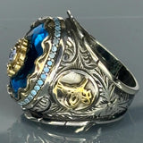 Aquamarine Sterling Silver Men’s Ring, Ottoman Tughra, Two-Tone Anatolian Design