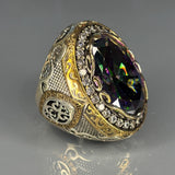 Mystic Topaz Sterling Silver Ring: Gothic Moissanite Accent, Ornate Baroque Design