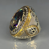 Mystic Topaz Sterling Silver Ring: Gothic Moissanite Accent, Ornate Baroque Design