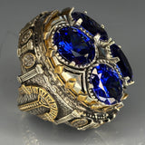Sterling Silver Sapphire Ring: Ottoman Engraved, Moissanite Accents