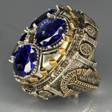 Sterling Silver Sapphire Ring: Ottoman Engraved, Moissanite Accents
