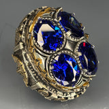 Sterling Silver Sapphire Ring: Ottoman Engraved, Moissanite Accents