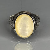 Sterling Silver Mother of Pearl Ring, Artisan Filigree Band, Vintage Style