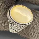 Sterling Silver Mother of Pearl Ring, Artisan Filigree Band, Vintage Style