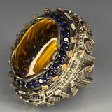 925 Sterling Silver Tiger Eye Ring: Baroque Sapphire Accent, Two-Tone Design