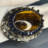 925 Sterling Silver Tiger Eye Ring: Baroque Sapphire Accent, Two-Tone Design