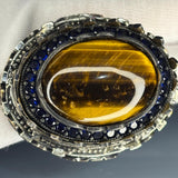 925 Sterling Silver Tiger Eye Ring: Baroque Sapphire Accent, Two-Tone Design