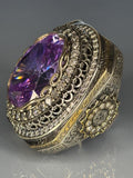 Sterling Silver Amethyst Ring: Ornate Baroque Design, Bronze Detail