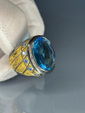 Aquamarine Sterling Silver Men's Ring: Engraved Bronze, Royal Jewelry