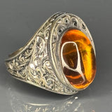 Sterling Silver Amber Ring: Ottoman Engraved Design, Vintage Statement Jewelry