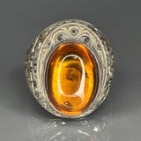 Sterling Silver Amber Ring: Ottoman Engraved Design, Vintage Statement Jewelry