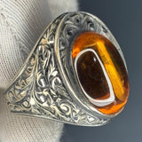 Sterling Silver Amber Ring: Ottoman Engraved Design, Vintage Statement Jewelry
