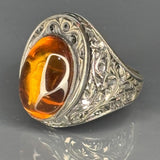 Sterling Silver Amber Ring: Ottoman Engraved Design, Vintage Statement Jewelry