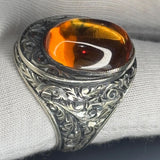 Sterling Silver Amber Ring: Ottoman Engraved Design, Vintage Statement Jewelry