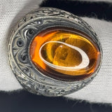 Sterling Silver Amber Ring: Ottoman Engraved Design, Vintage Statement Jewelry