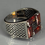 Sterling Silver Garnet Men's Ring, Art Deco Geometric Jewelry