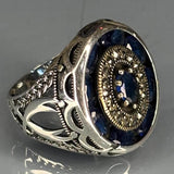 Sterling Silver Sapphire Ring, Baroque Two-Tone Filigree Design