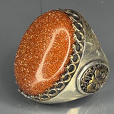 Ornate Orange Aventurine Sterling Silver Ring: Two-Tone Vintage Style