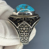 Blue Turquoise Sterling Silver Men's Ring: Ottoman Engraved Design