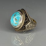 Blue Turquoise Sterling Silver Men's Ring: Ottoman Engraved Design