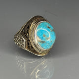 Blue Turquoise Sterling Silver Men's Ring: Ottoman Engraved Design