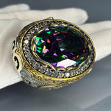 Mystic Topaz Sterling Silver Ring: Gothic Moissanite Accent, Ornate Baroque Design