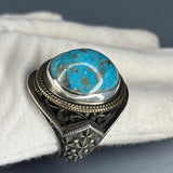 Blue Turquoise Sterling Silver Men's Ring: Ottoman Engraved Design