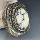 Ottoman White Turquoise Sterling Silver Ring: Gothic Design, Bronze Accents