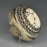 Ottoman White Turquoise Sterling Silver Ring: Gothic Design, Bronze Accents