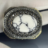 Ottoman White Turquoise Sterling Silver Ring: Gothic Design, Bronze Accents