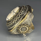 Ottoman White Turquoise Sterling Silver Ring: Gothic Design, Bronze Accents