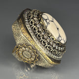Ottoman White Turquoise Sterling Silver Ring: Gothic Design, Bronze Accents