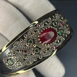Ruby & Emerald Ottoman Bangle: 925 Sterling Silver Filigree, Handmade, Hurrem Sultan Design