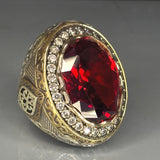 Sterling Silver Faceted Ruby Ring: Two-Tone Baroque Ornate Design Bishop Style Clergy Ring