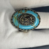Turquoise Lion Head Men’s Ring 925 Sterling Silver, Bronze Accents