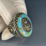 Turquoise Lion Head Men’s Ring 925 Sterling Silver, Bronze Accents