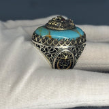 Turquoise Lion Head Men’s Ring 925 Sterling Silver, Bronze Accents